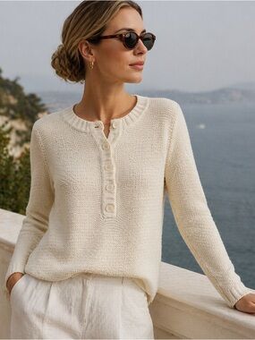 Liz Claiborne Cream Knit Henley Sweater Button Front Size M